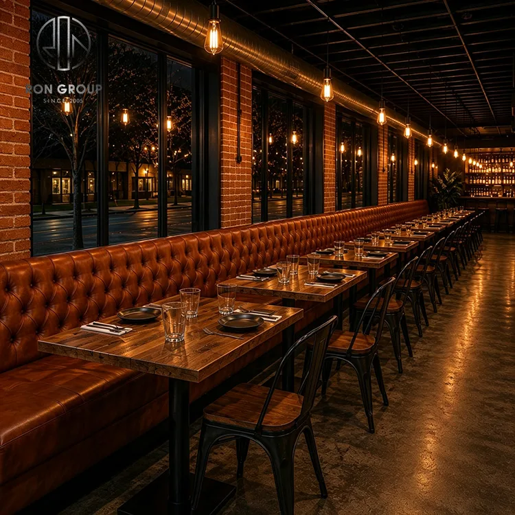 Ron Group Durable Restaurant Set L Shape Tufted Leather Booth Seating Square Wood Table Metal Chair Customized Furniture