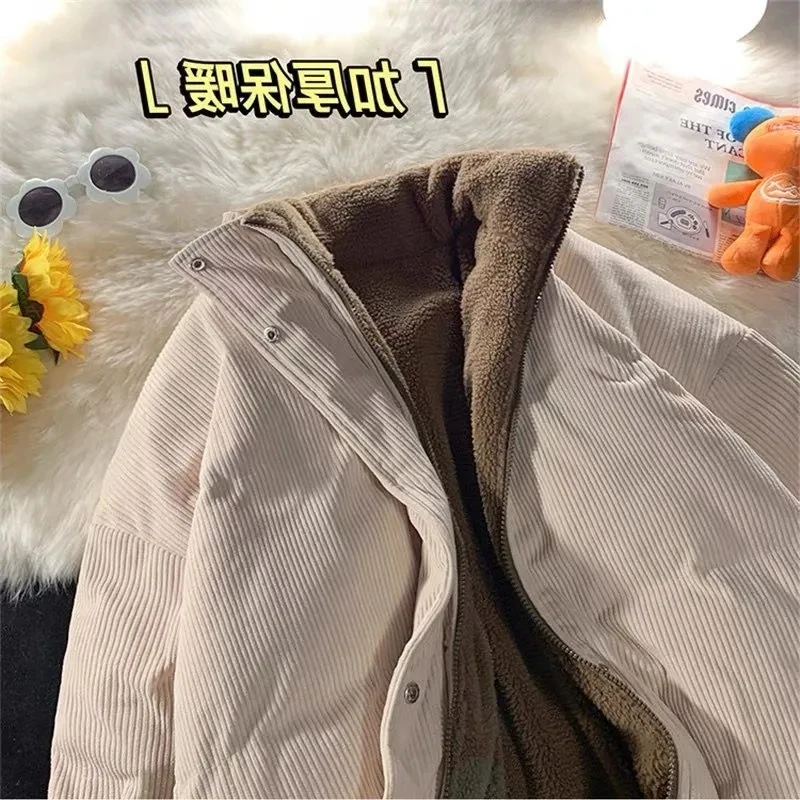 Corduroy Double-sided Lamb fleece Jacket For women Autumn Winter Stand collar Loose Thick Velvet Jackets Female Warm Parka Top