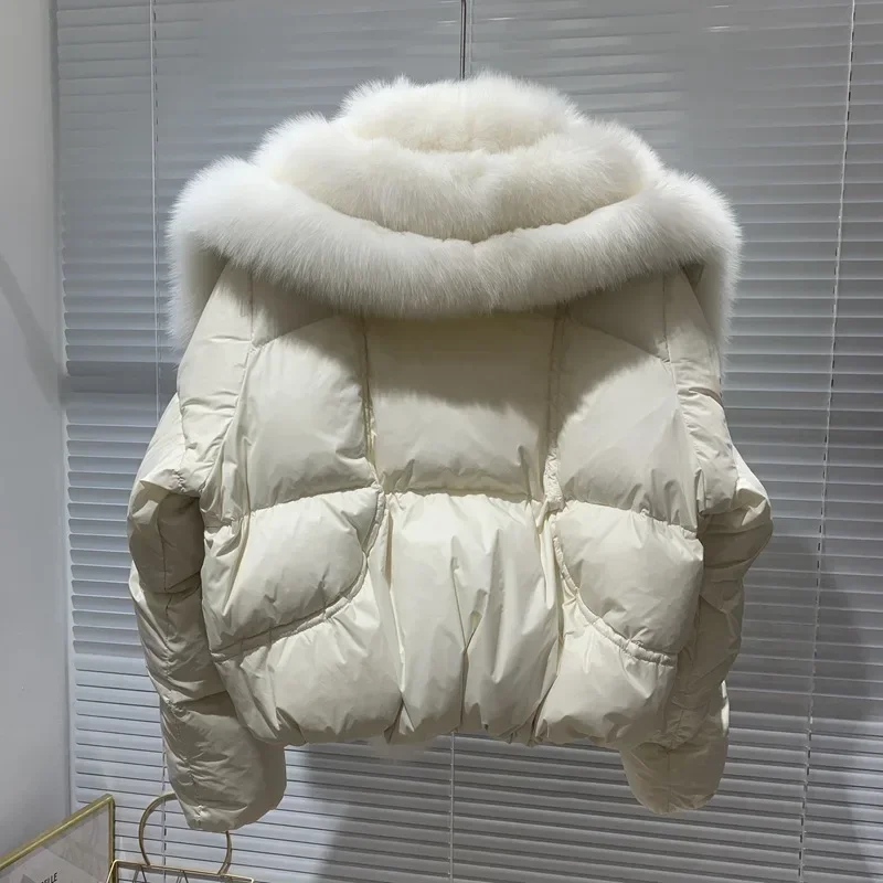 Winter Coat Fox Collar White Goose Down for Down Jacket Women Short Warm Fur Jacket