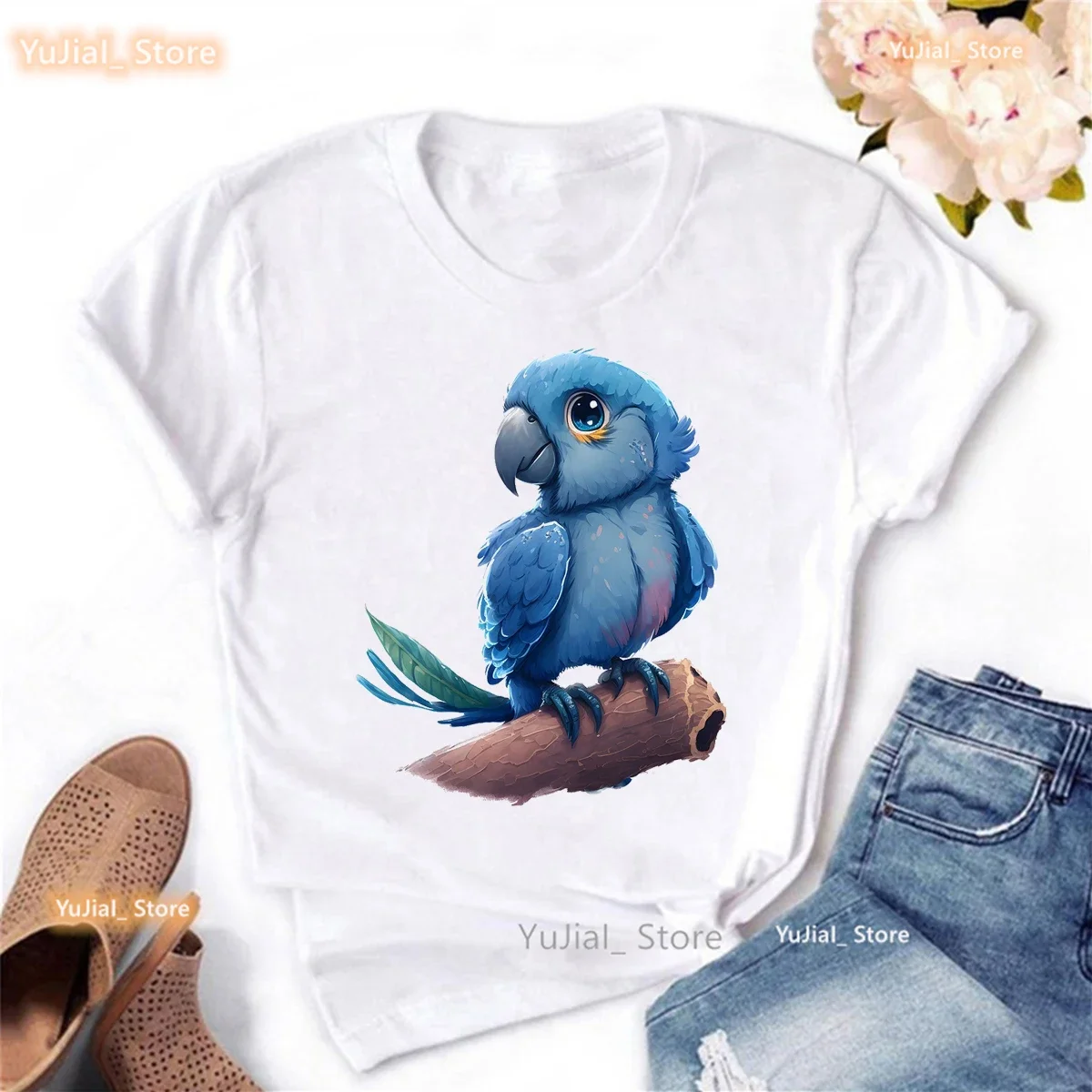 2024 Hot Sale Watercolor Bird Print T Shirt Girls Funny Kawaii Clothes Summer Top Tee Shirt Femme O-Neck Short Sleeve T-Shirt