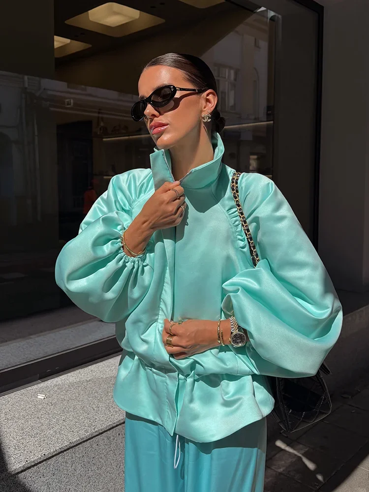  Shiny Stand Collar Short Jacket Women Puff Sleeve Drawstring Waist Cinching Pleated Jackets 2026 Autumn Causal Lady Outerwear