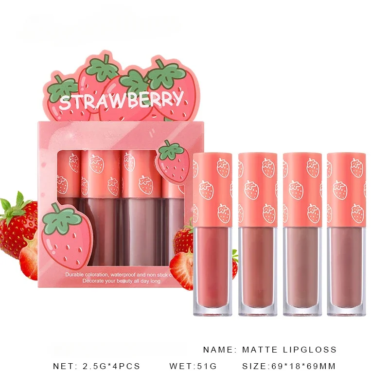 4 pz/set Mini Matte Lip Glaze Set Non sbiadisce antiaderente frutta Lip Glaze rossetti liquidi rossetto opaco Lip Gloss donna cosmetico