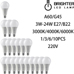 1-10PCS LED Bulb A60/G45 AC220V 3W-24W E27 B22 High Lumen Without Strobe 3000k/4000k/6000k Light for Home and Office Lighting