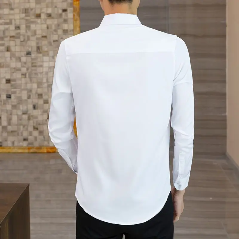 Men\'s Shirts Long Sleeve Embroidery Fashion Korean Slim Fit Trendy White High Quality Social Henley Man Casual Dress Shirt Black