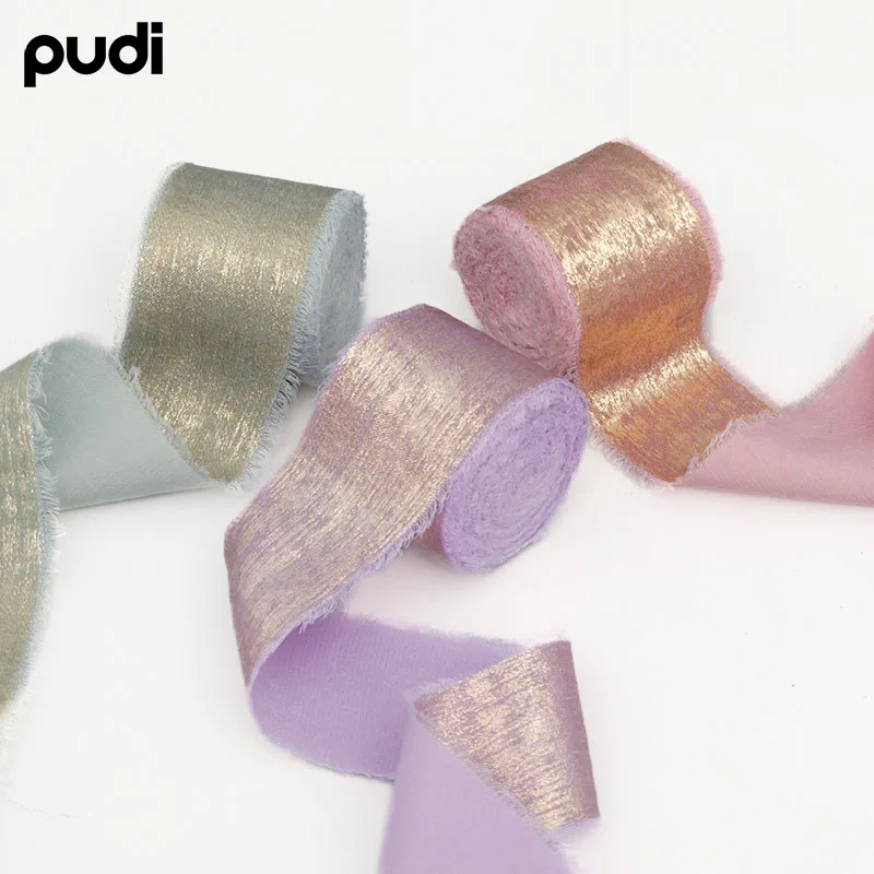 

4cm Wide Hand-Torn Frayed Edge Gold-Stamped Plush Ribbon for Wedding Bouquets, Tassel Streamers, Bow Decorations, Silk Fabric Strips