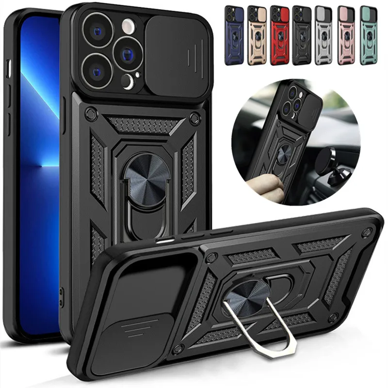 Slide Camera Armor Case For iPhone 13 12 Mini 11 Pro Max XR X XS 6 6s 7 8 Plus SE 2020 Magnetic Car Holder Ring Stand Back Cover