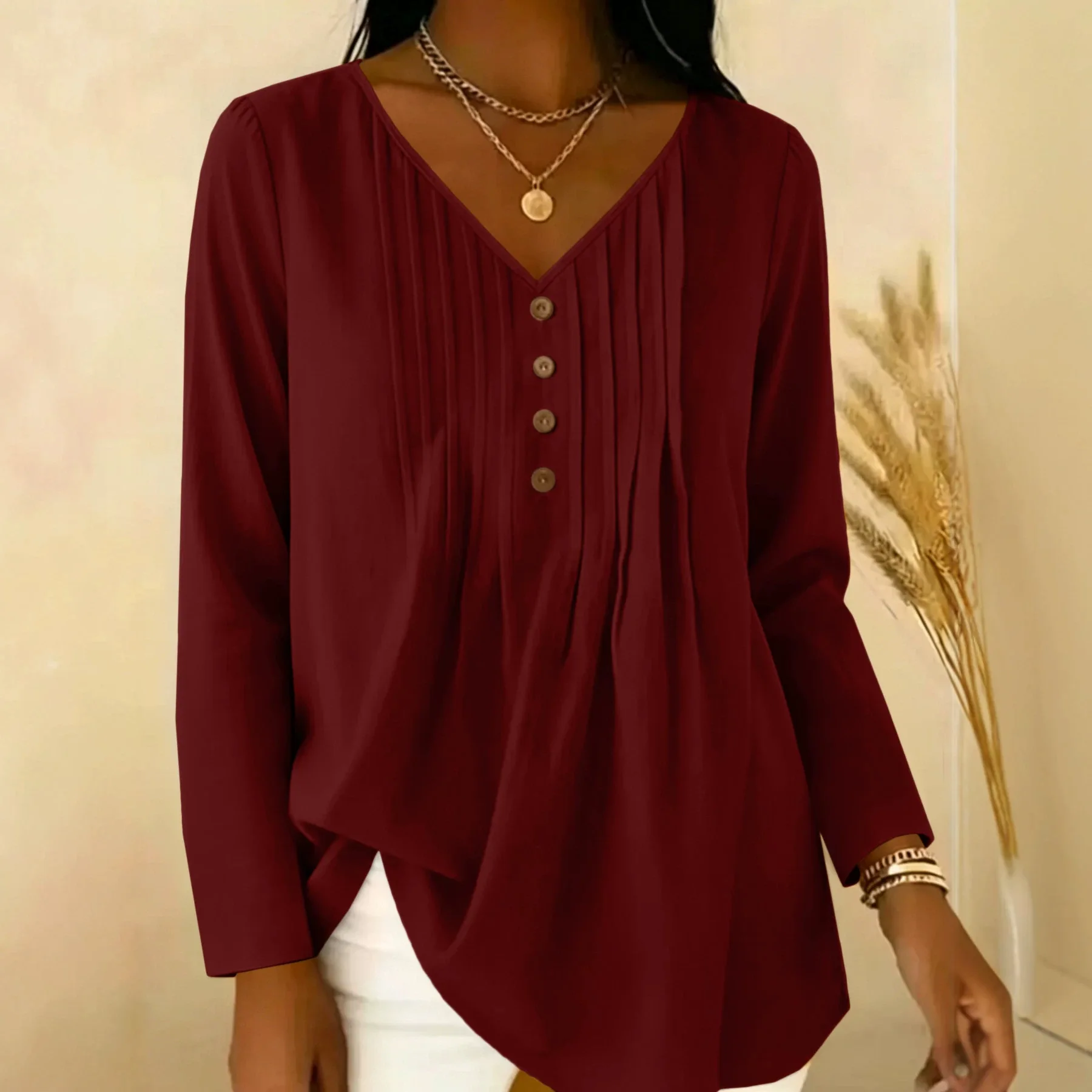 Gentle Early Autumn V-Neck Half Button Pleated Long Sleeve Blouse, Loose Fit Hide Belly Versatile Casual Shirt view 3