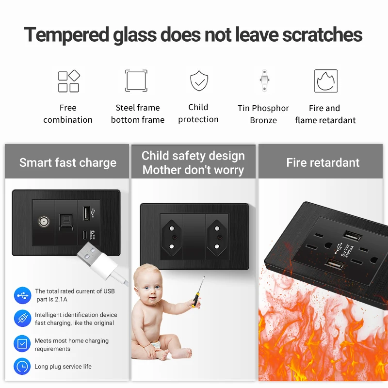 

PSSRISE Черная бразильская настенная розетка с панелью для рисования, стандартная, двойная, с USB Type-C 2.1A, выключателем света, для офиса, 118*72мм, 16А