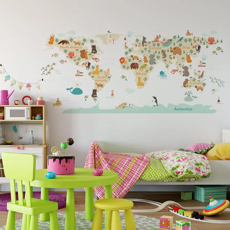 Cartoon Animals Map Wall Stickers for Kids Room Bedroom Kindergarten Wall Decor Vinyl Pvc Wall Decals Art Murals Home Decoration