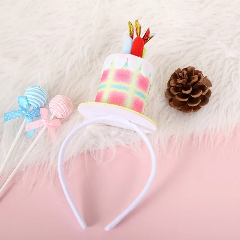 Shiny Pink Leather Birthday Cake Hat Colorful Gradual Color Hair Band Happy Birthday Party Decor Kids Favor Headband Hair Hoop