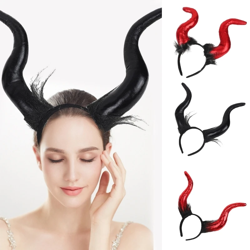 Furry Devil Horn Headband for Adult with Face Mask Gold Stamping Hairhoop Kids Halloween Headdress Cosplay Headpieces