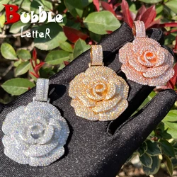 Bubble Letter Iced Out Pendant Rose Flower Necklace for Women Hip Hop Charms Cubic Zircon Fashion Jewery Gold Color