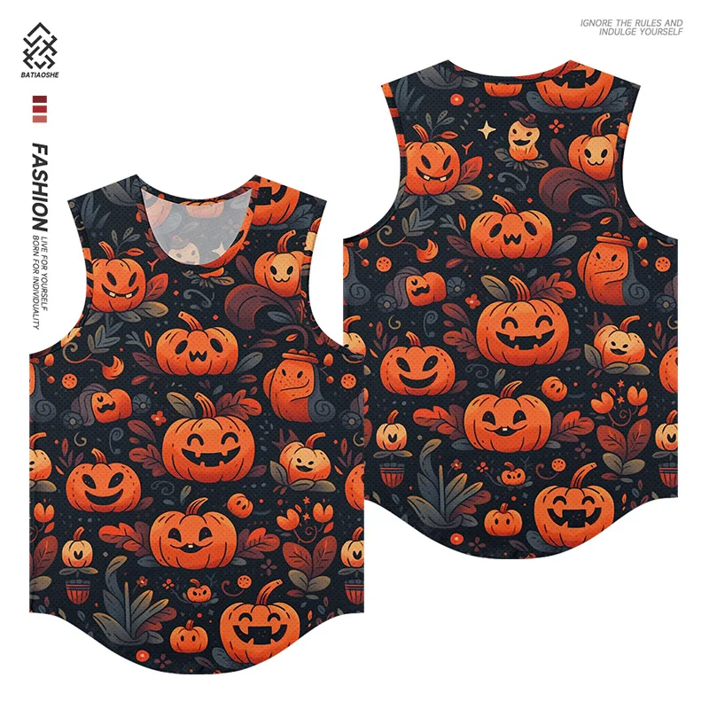 

Men's Fashion Sleeveless Trendy Bottom Shirt Halloween Pumpkin Print Adult Tops Outdoor Sports Quick Dry Tank Top