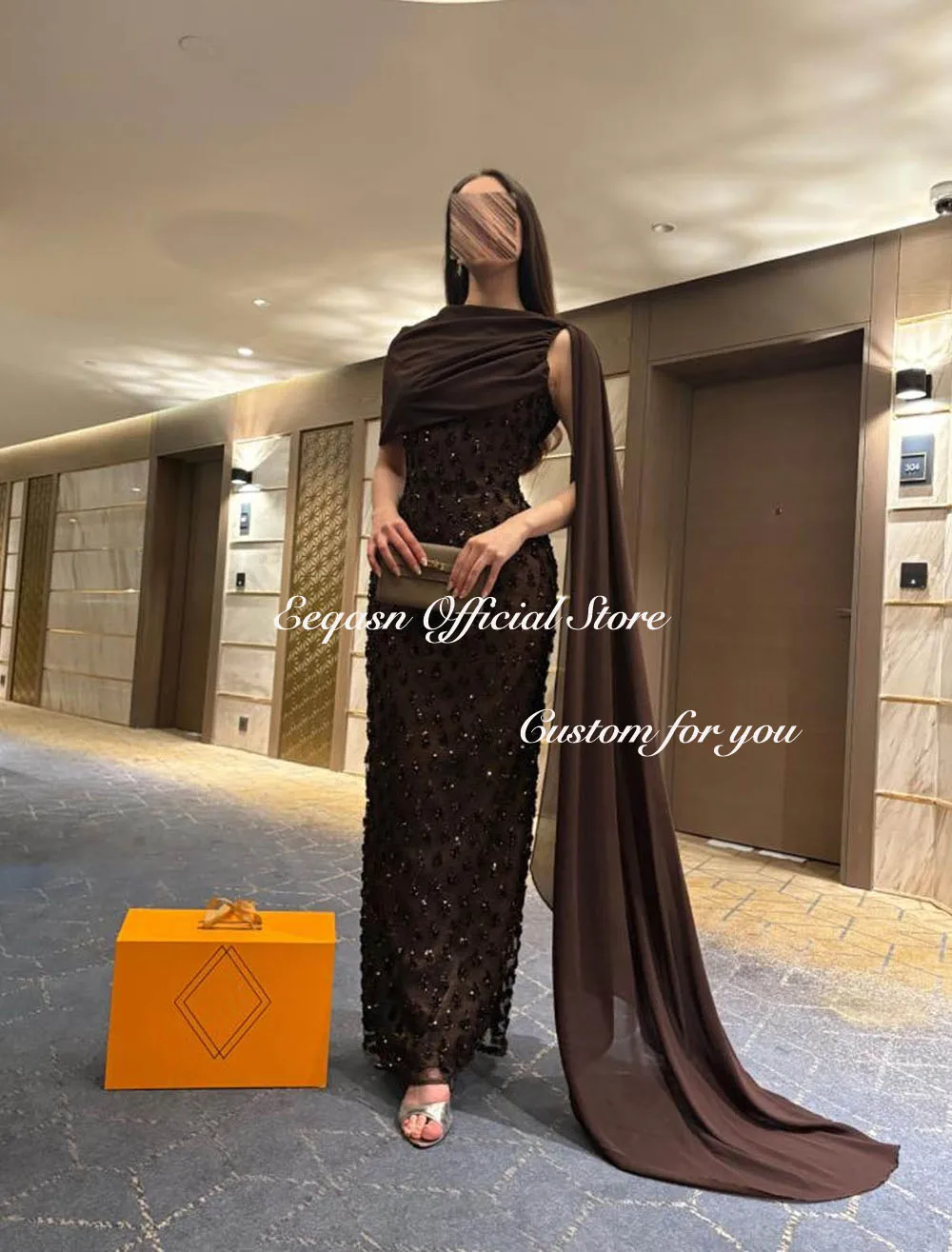 Eeqasn Brown Party Dresses Prom Dress robes de soirée Navy Blue Sequin Mermaid Cape Maxi Gown for Formal Evening Customized image 2