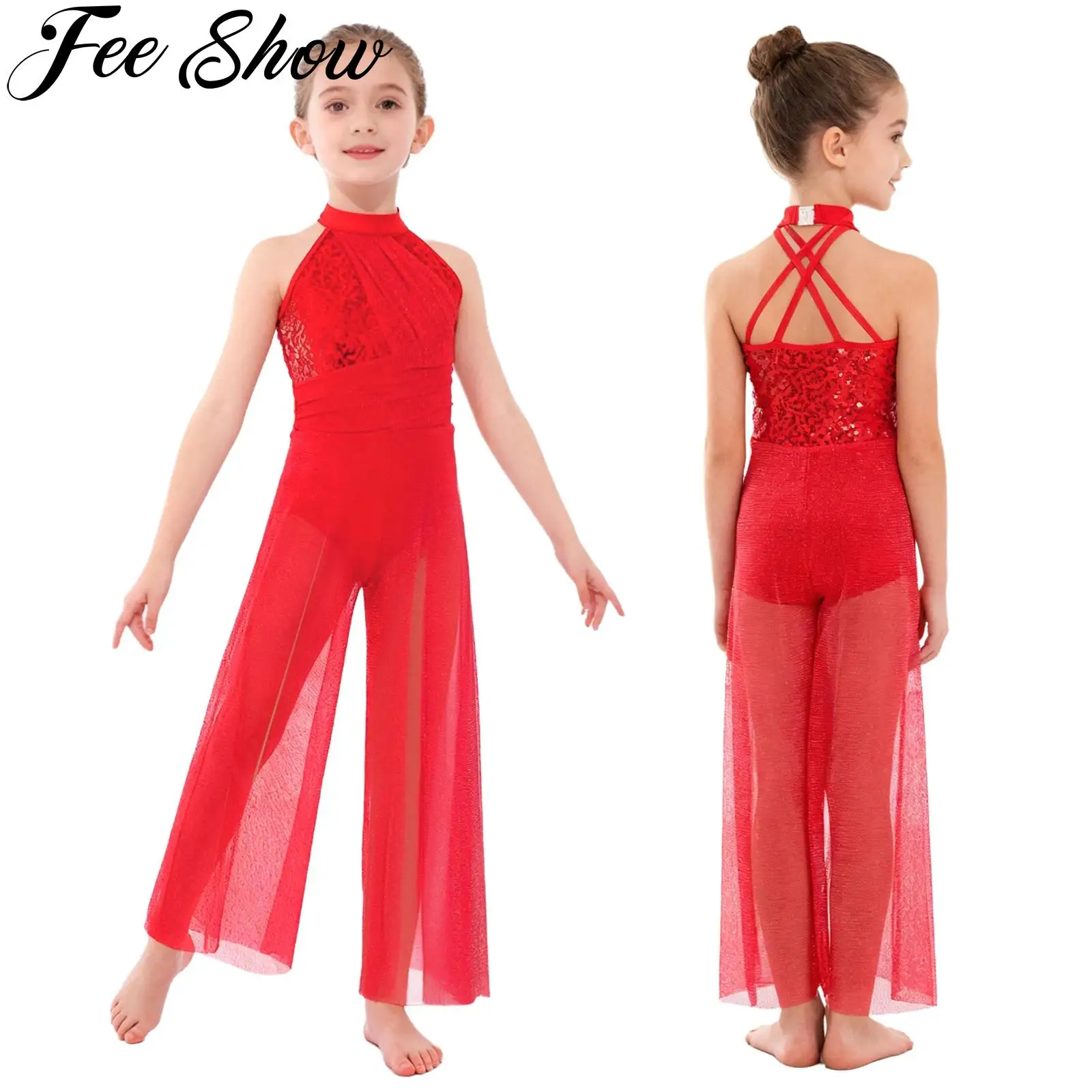 Girls Modern Lyrical Dance Skating Gymnastics Performance Jumpsuit Sleeveless Shiny Sequin Mesh Split Wide-Leg Ballet Bodysuit