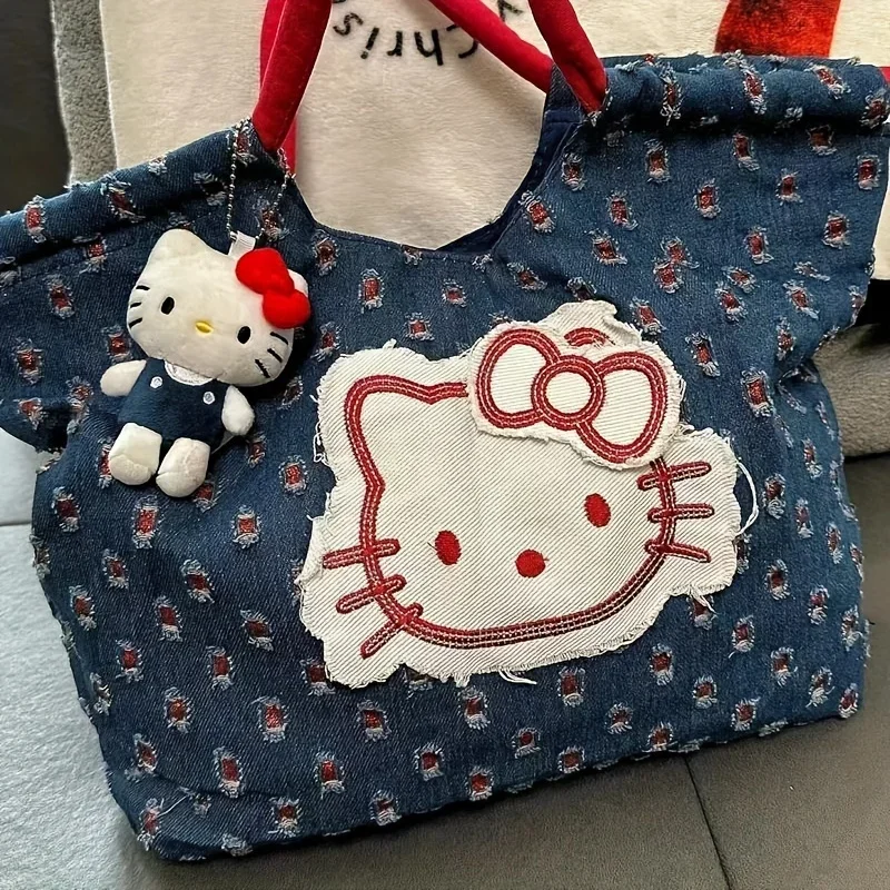 Sanrio HelloKitty Denim Handbag Retro Patch Design Large Capacity Canvas Single Shoulder Handbag Cartoon Single Shoulder Handbag