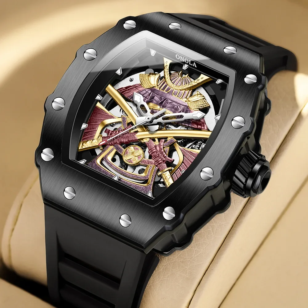 

ONOLA 3865 Automatic Movement Mechanical Watches for Men Black-warrior Hollow High Quality Waterproof Mens Watch Reloj Hombre