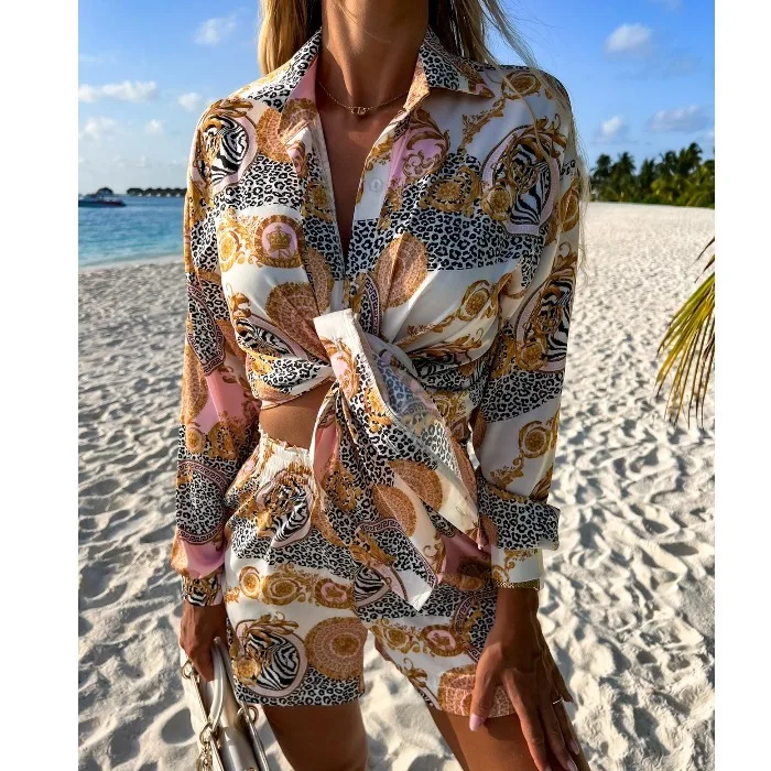 Summer Zebra Stripe Leopard Print Long Sleeve Shirt Shorts Vacation Set Single Button Fashionable Women's Clothing