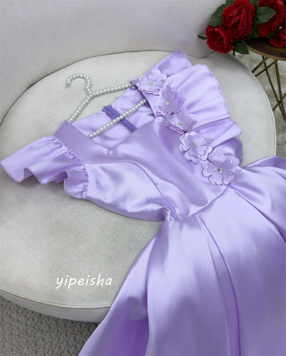 Customized Sparkle Exquisite  Modern Style Formal Evening Square Collar Tea-Length A-line Flowers Draped Satin  Dresses