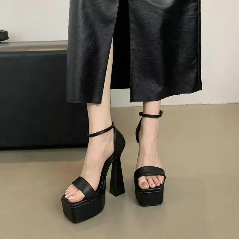 HKDQ Women's High Heels Platform Sandals Square Toe Chunky Heel Ankle Strap Smooth Upper Party Dressy Footwear