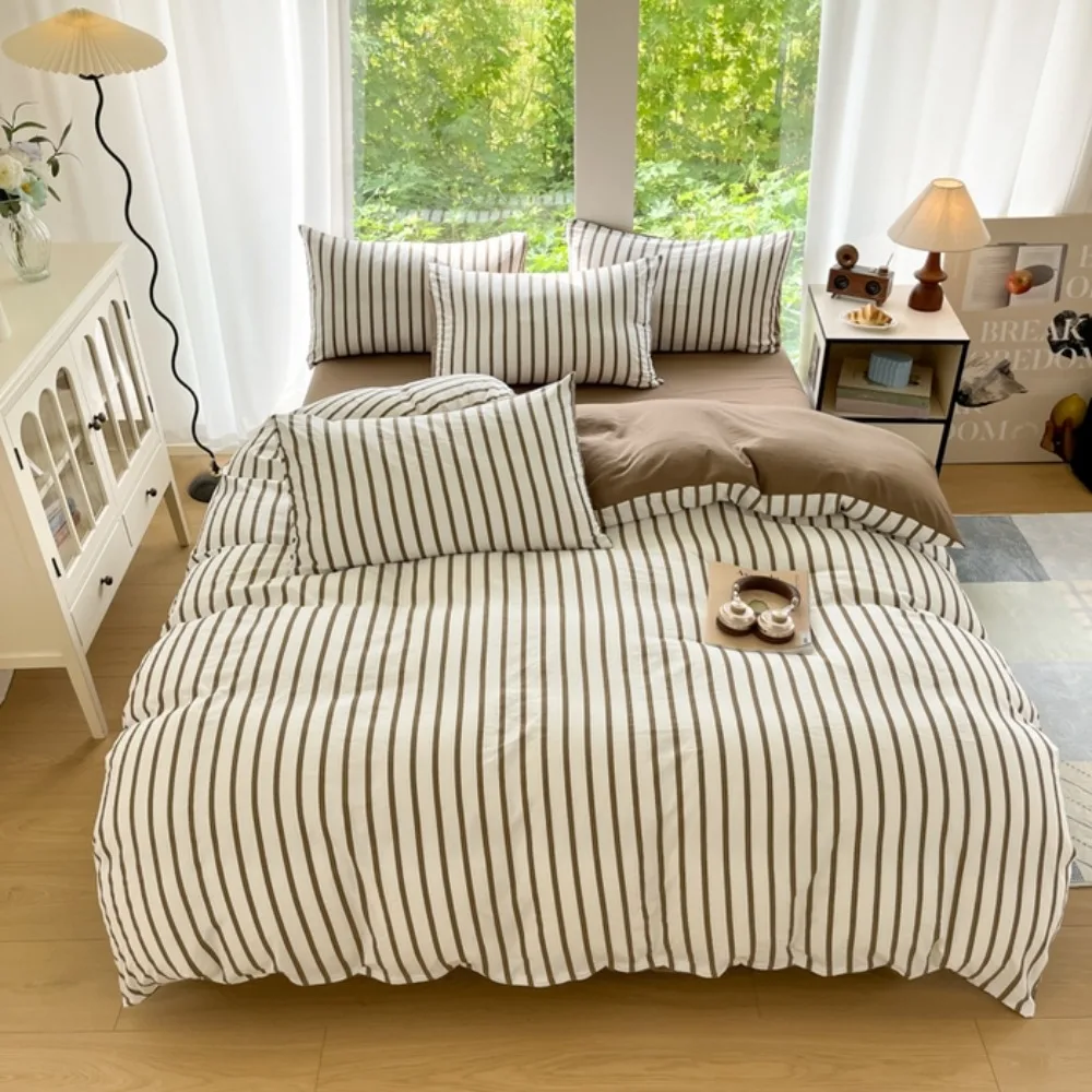 Striped Bedding Set Korean Style Duvet Cover Set Flat Sheets Set Single Twin Double Size Bed Linen Set All Season Birthday Gift