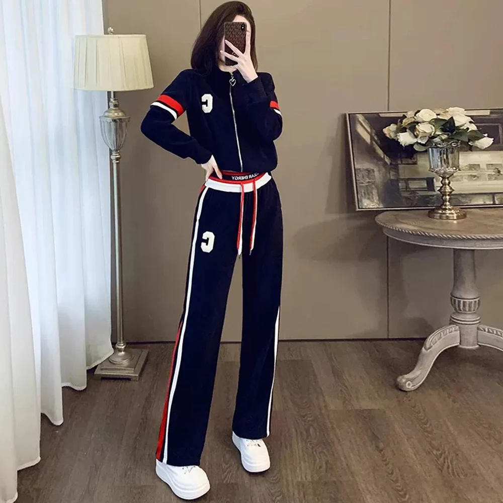 European casual sports suit women's autumn and winter new high-end fashion zipper sweatshirt wide leg pants two-piece set
