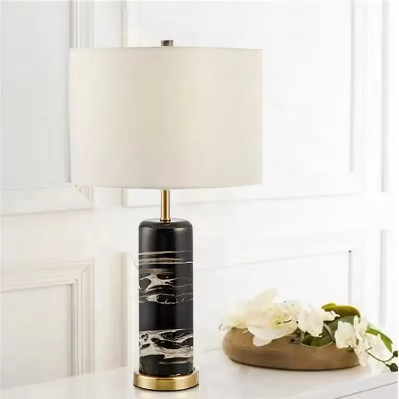 

Luxury Table Lamp Black Marble Lighting Fixture Living Room Bedroom Exhibition Hall Decorative Table Light with Fabric Lampshade