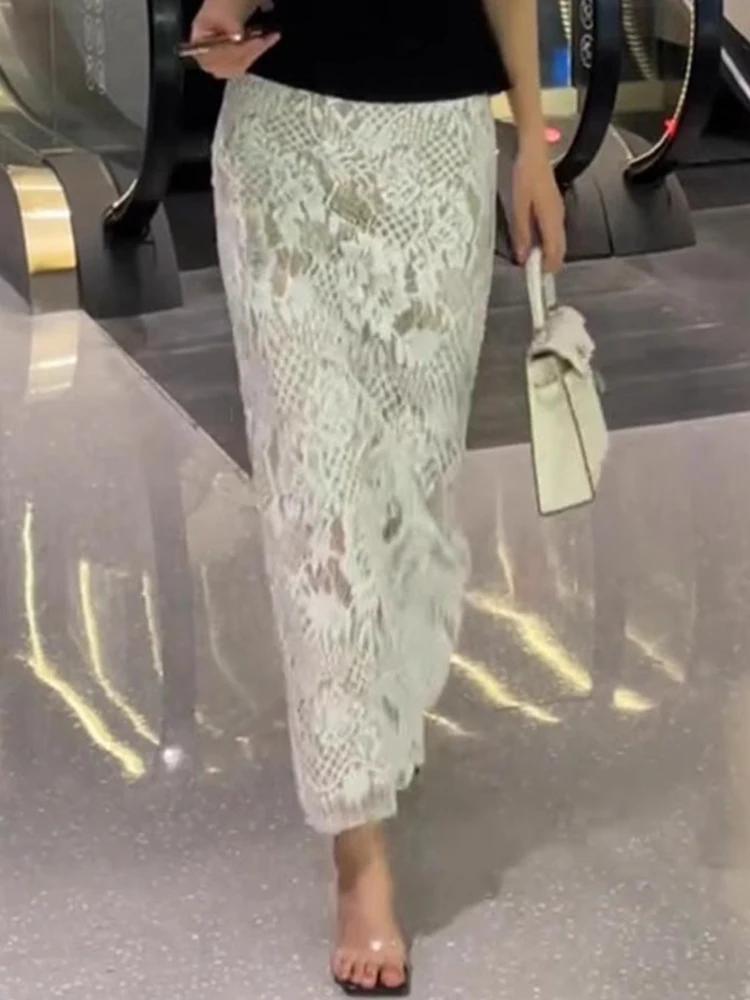 Ele Hollow Out Lace f Rock für Frauen Sli Einzigartiger schöner Ba Split Commute High Waist A-Line Midirock