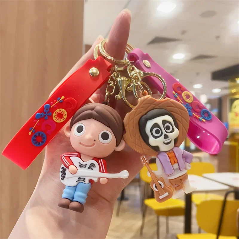 Disney Accessories Keychain Coco Miguel Hector Imelda Anime Figure Doll Bag Key Chain Decorations Toys for Kids Birthday Gifts