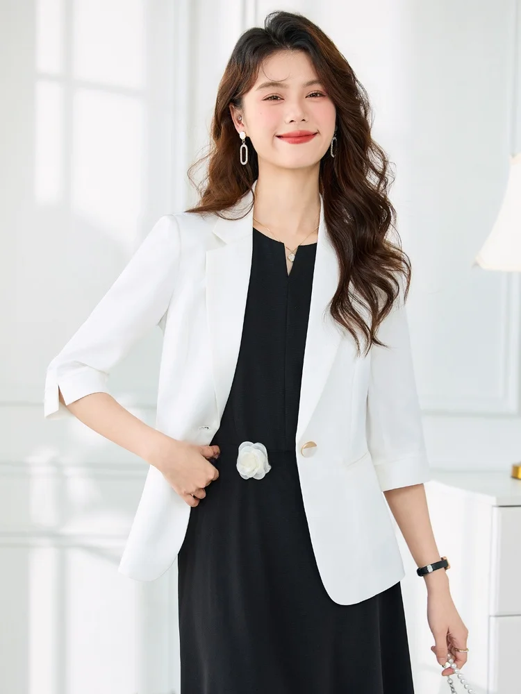 

White Lightweight Summer Women's Blouse Jacket Short Sleeve Dress Set Fashionable Commute Style Slim Fit Button Pocket Design