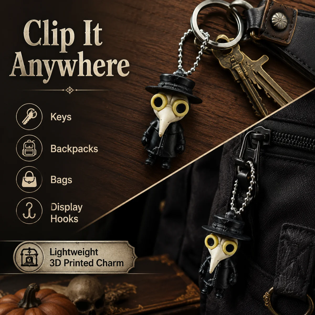 1Pc Vintage Plague Doctor Doll, Eco Friendly PLA 3D Printed Black Mask Design, Halloween Collectible Key Chain Bag Ornament