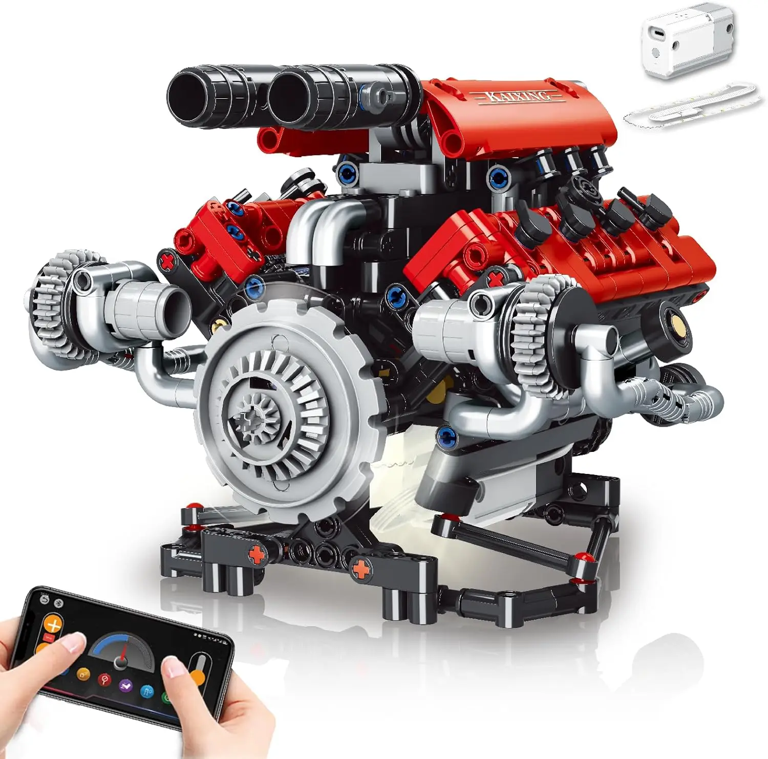 

Рабочая модель двигателя V8 с мотором, светодиодами и управлением через приложение - конструктор STEM из 660 деталей для взрослых и детей