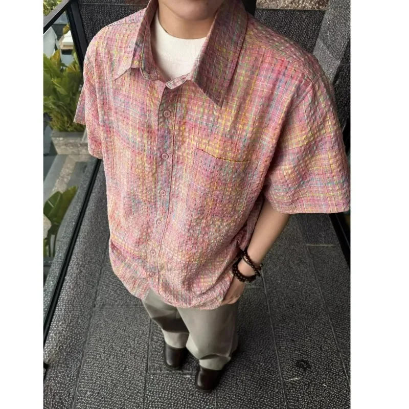 

Summer Pink Peffle-tulle Short-sleeved Shirt Boys Exudes High-end Youthful Vib Beach Travel Atmosphere Trendy Shirt Outerwear