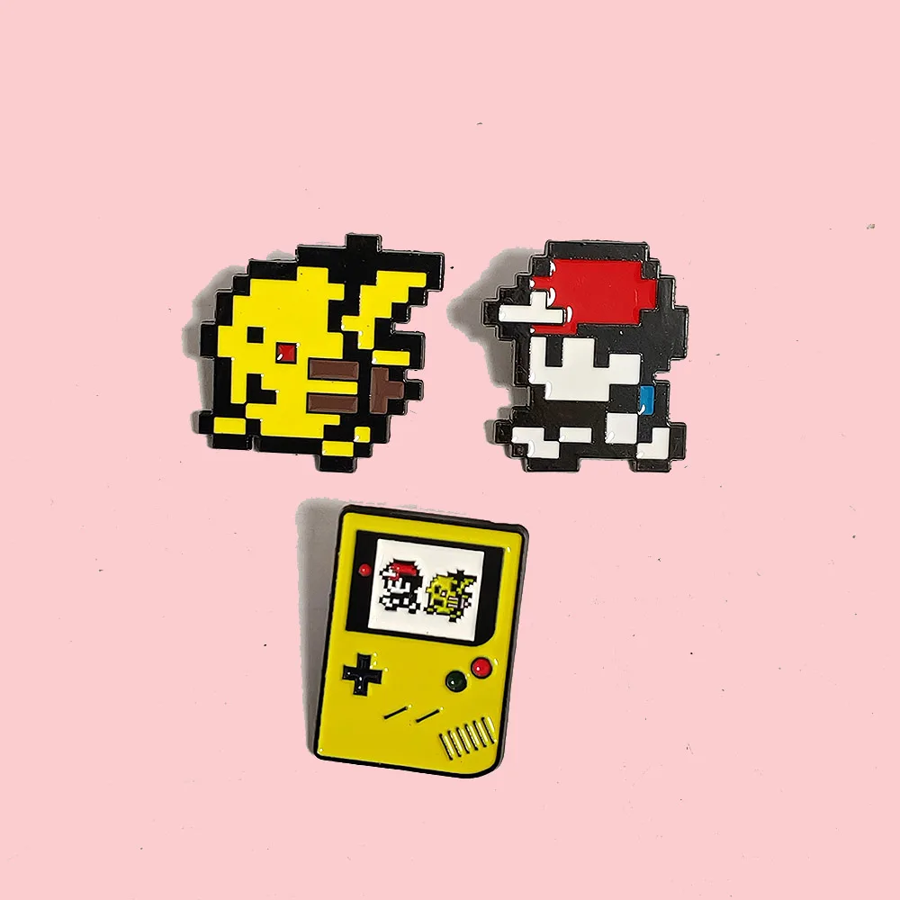 3Pcs Pokemon Enamel Pins Set - Pikachu & Trainer Gameboy Style Anime Brooches, Vintage Pixel Art Lapel Badges for Backpacks