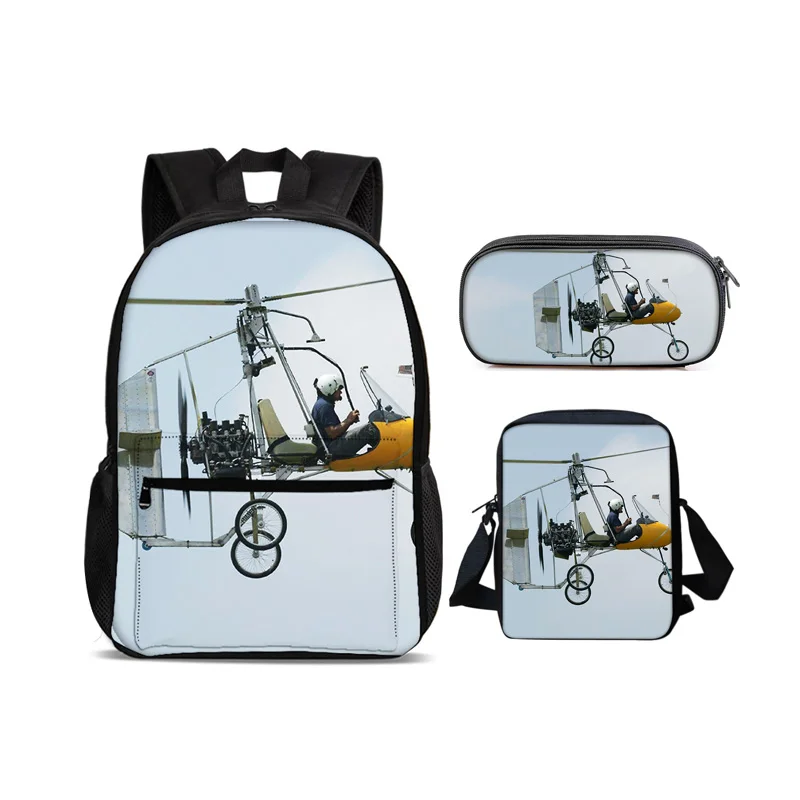 Helicopter large capacity backpack, pencil case shoulder bag 3Pcs set mechanical printing best gift for boys and girls in school