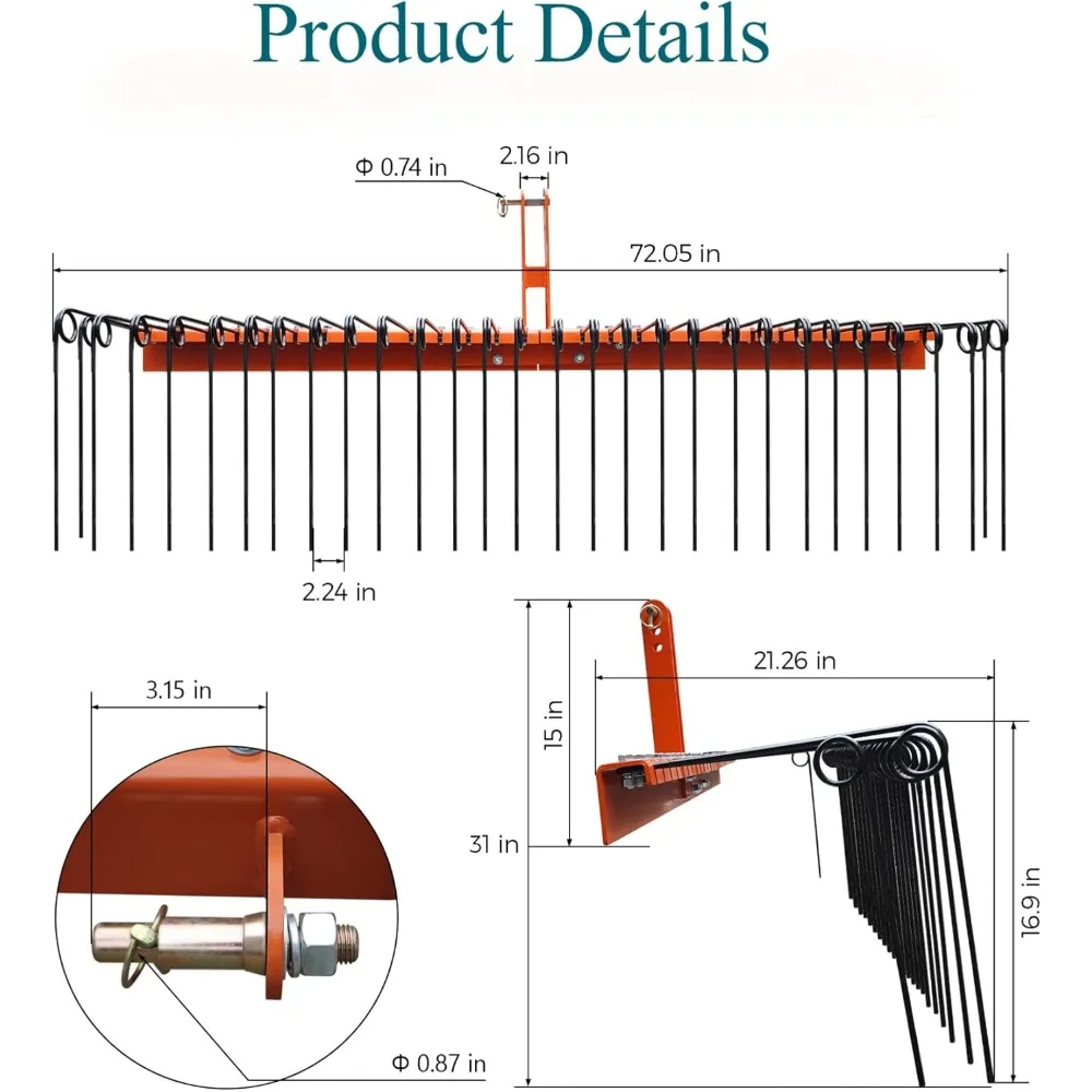 Point Landscape Rake for Tractor, 72 Spring Pine Straw Rake with 30 Steel Tines, Suitable for Cat1 Cat2