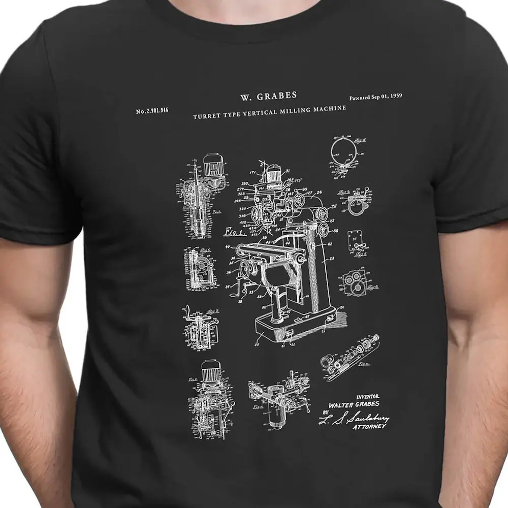 Milling Machine Patent Print Art 1959 T Shirt Factory Punk Metalshop Mill Metal Shop Invention Schematic Pt392