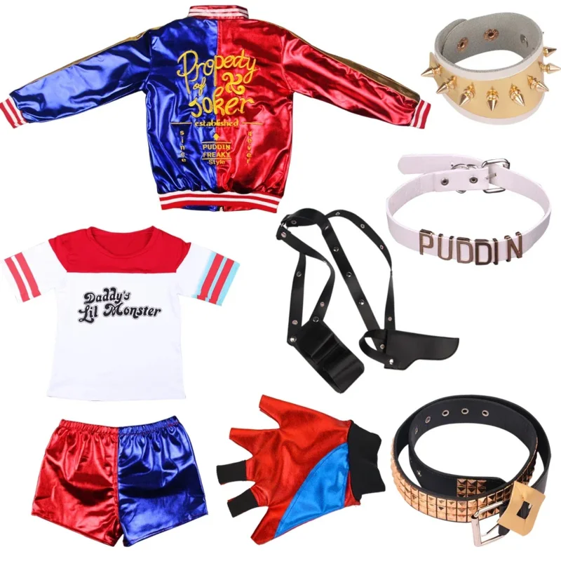 Halloween Kids Suicide harley costumi Cosplay Squad Quinn Monster Jacket pantaloni ragazze Christmas Party Uniform con guanti per parrucca