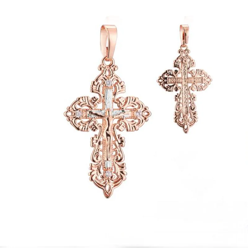 FJ Women New Men Big White Cubic Zircon Cross Pendant 585 Rose Gold Color Chains