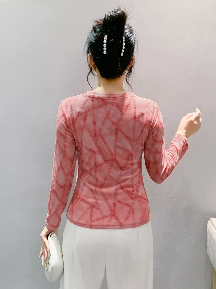 Camiseta Feminina de Veludo Antienvelhecimento com Estampa, Roupa Interior de Outono, Top Slim com Strass