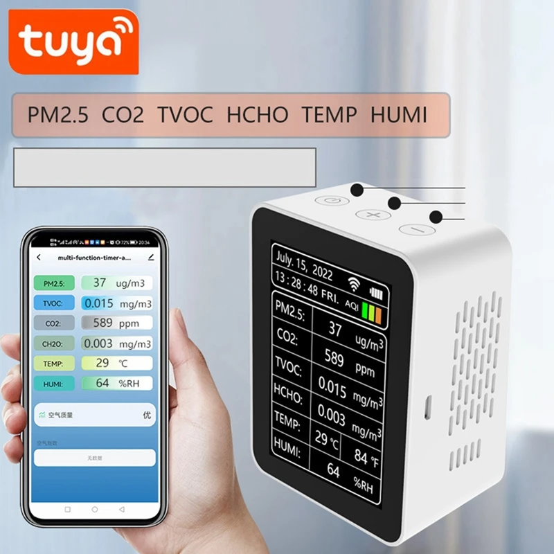 Tuya Wi-Fi 7 в 1, интеллектуальный детектор качества воздуха PM2,5 CO2 TVOC HCHO, детектор температуры и влажности AQI