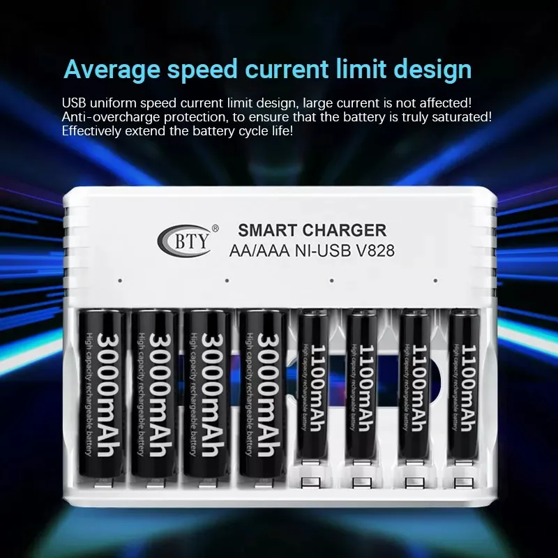 

BTY 8 Slots Battery Charger AA AAA 1.2V Rechargeable Battery Charger USB Smart Charging With Indicator Light Fast Charger