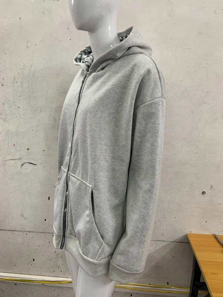 Vintage Gothic Street Zipper Loose Hoodie Top Autumn and Winter Fashion Single Solid Color Jacket Leopard Lining Y2k Clothing