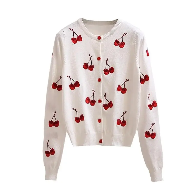 Makuluya Autumn Spring Women Sweater Cherry Embroidery Pattern All-Match Jacket Coats Long Sleeve Short Knitting Cardigans L6