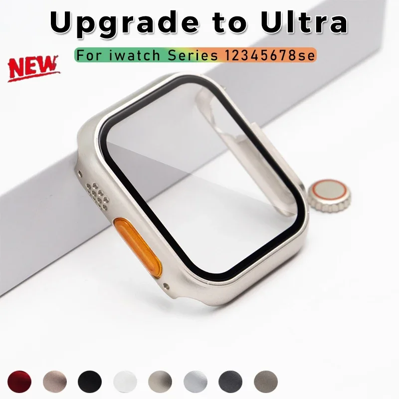 Change to Ultra For Apple Watch Case Ultra 49mm 8 7 45mm 41mm 456 SE 40mm 44mm Tempered Glass Cover Appearance Upgrade to Ultra