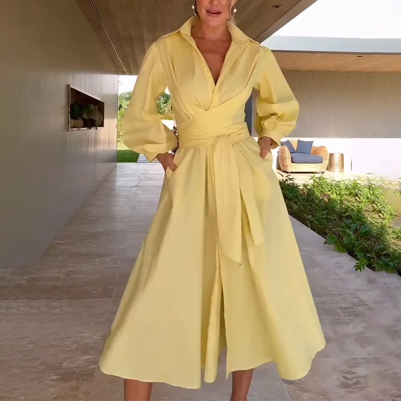 

Fashion Yellow Women Long Sleeve Shirt Dress New Autumn Lace Up A Line Long Dress Office Lady Casual Commuting Dress Verstido