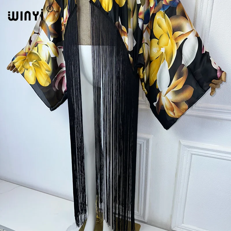 WINYI kimono cover-up new summer boho print Bikini Cover-up Elegant fashion Cardigan sexy Holiday long Sleeve tassels maxi dress