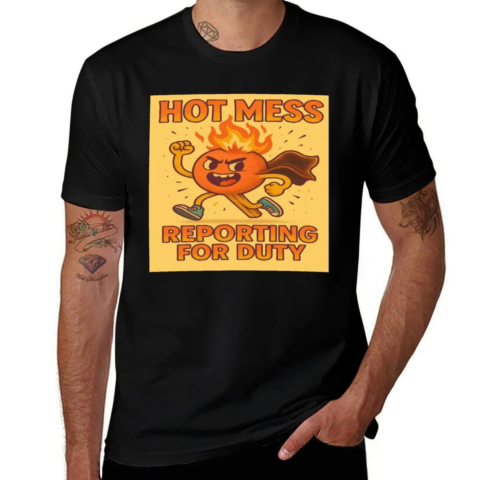 

Hot Mess Reporting for Duty – Fiery Hero in Sneakers T-Shirt oversized vintage graphic tee luxury designer cotton t shirt men