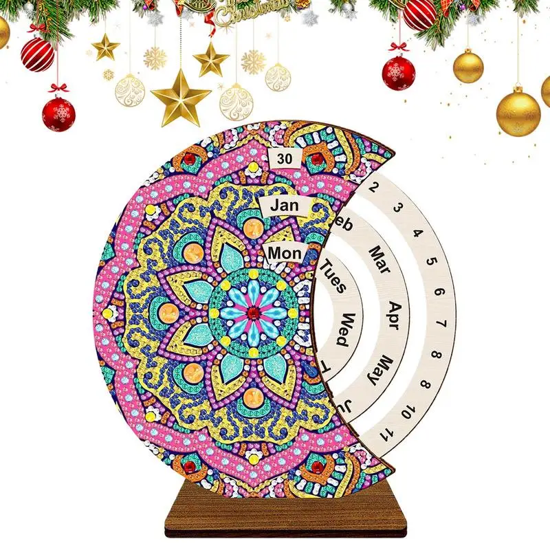 

Wooden Rotating Desk Calendar Perpetual Calendar Rhinestone Painting Wooden Rotating Calendar Desk Decor Round Shaped Desk