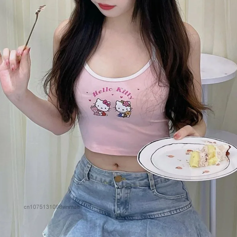 Hello Kitty Sweet Girl\'s Strap Tank Top for Summer Y2k Cute Cartoon Outwear New Slim Underwear Sleeveless Short Top Clothes